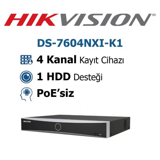 Hikvision DS-7604NXI-K1 4 kanal NVR kayıt cihazı AcuSense yapay zeka güvenlik sistemi